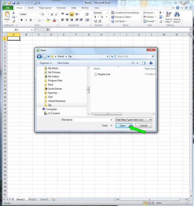 Open text file with Excel