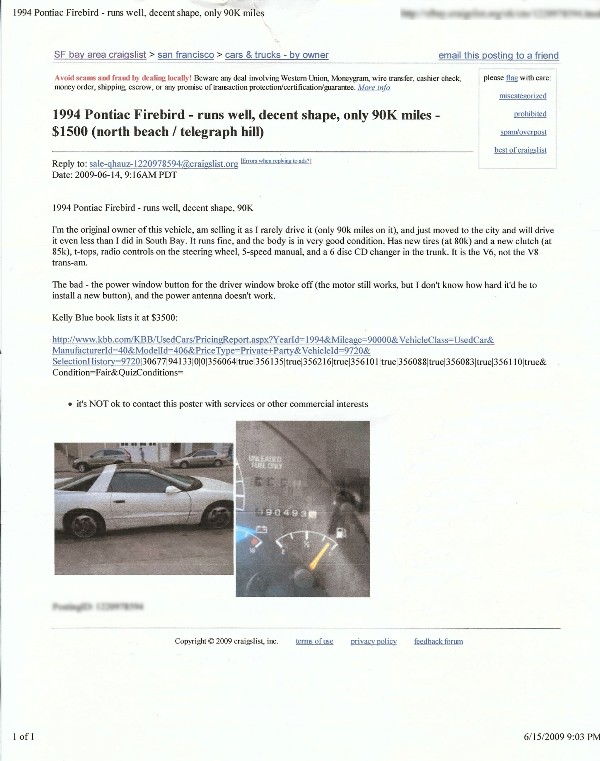 Craigslist ad for the $1500 Firebird